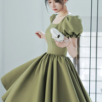 Green satin short prom dress A-line homecoming dress - Thumbnail 6