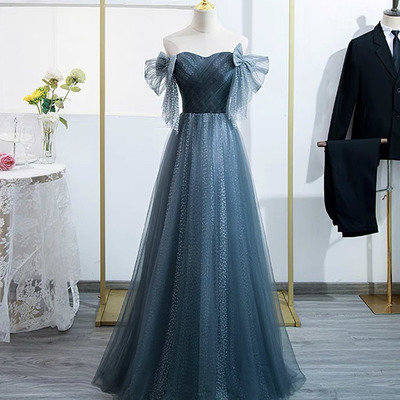 Blue tulle long prom dress a line evening dress - Thumbnail 1