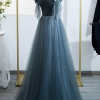 Blue tulle long prom dress A line evening dress - Thumbnail 2