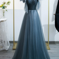 Blue tulle long prom dress A line evening dress - Thumbnail 3