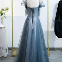 Blue tulle long prom dress A line evening dress - Thumbnail 4