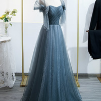 Blue tulle long prom dress A line evening dress - Thumbnail 5