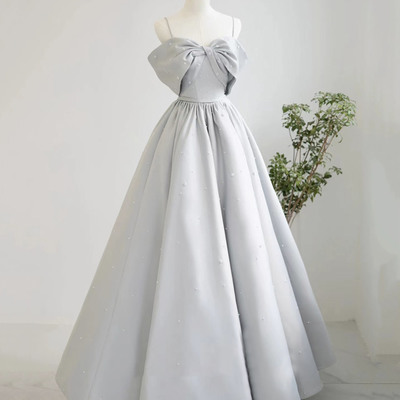 Gray satin long prom dress a line evening dress - Thumbnail 1