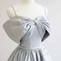 Gray satin long prom dress A line evening dress - Thumbnail 1