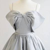 Gray satin long prom dress A line evening dress - Thumbnail 2
