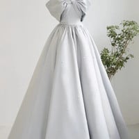 Gray satin long prom dress A line evening dress - Thumbnail 3