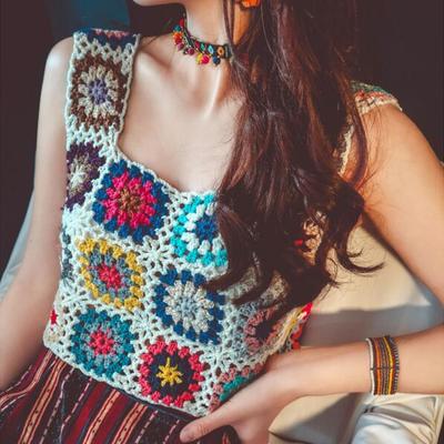 Colorful flower crochet sleeveless knitted vest tank top