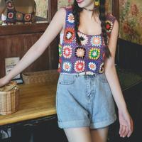 Colorful Flower Crochet Sleeveless Knitted Vest Tank Top - Thumbnail 3
