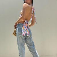 Y2K Girls Printed Halter Neck Cross Backless Top - Thumbnail 3