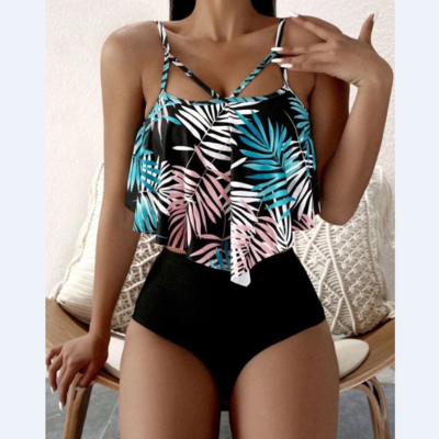 Floral sexy backless print high waist ruffled bikini