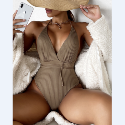 Sexy deep v-neck solid color one piece bikini swimsuit