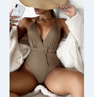 Sexy Deep V-Neck Solid Color One Piece Bikini Swimsuit