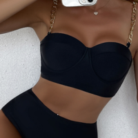 Backless Black Split High Waist Bikini Swimsuit - Thumbnail 1