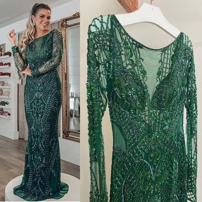 Luxury green prom dresses with beading full sleeves - Thumbnail 1
