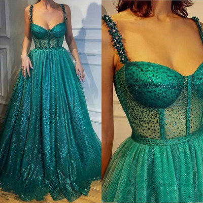 Straps green prom dresses with rhinestones sparkly - Thumbnail 1