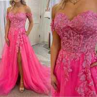 Prom Dresses Slit Side with Appliques Lace Fuchsia - Thumbnail 1