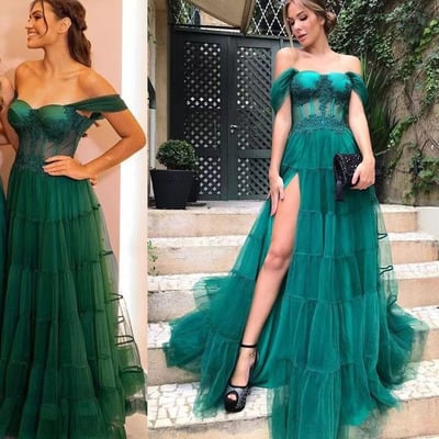 Dark Green Prom Dresses Off Shoulder with Corset