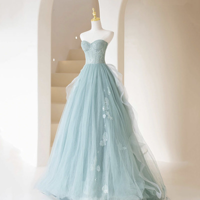 Cute tulle lace long prom dress a line evening dress