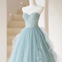 Cute Tulle Lace Long Prom Dress A Line Evening Dress - Thumbnail 1