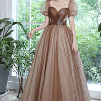 Stylish tulle beaded long prom dress evening dress - Thumbnail 2