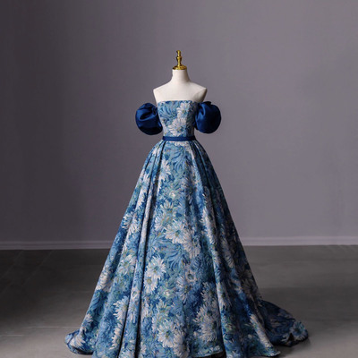 Blue printed long ball gown blue evening dress - Thumbnail 2