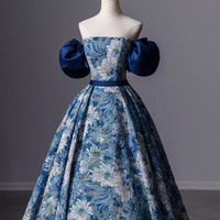 Blue Printed Long Ball Gown Blue Evening Dress - Thumbnail 1