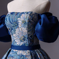 Blue Printed Long Ball Gown Blue Evening Dress - Thumbnail 2