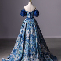 Blue Printed Long Ball Gown Blue Evening Dress - Thumbnail 5
