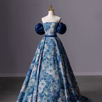 Blue Printed Long Ball Gown Blue Evening Dress - Thumbnail 6