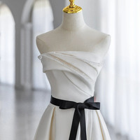 Champagne satin beads long prom dress evening dress - Thumbnail 1