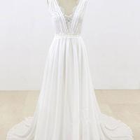 White/Ivory V Neck Lace Chiffon Handmade Flowers Beach Wedding Dress Bridal Gowns Custom Plus Size Formal Occasion Party Dress，1452 - Thumbnail 1