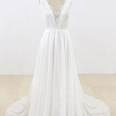 White/ivory v neck lace chiffon handmade flowers beach wedding dress bridal gowns custom plus size formal occasion party dress，1452