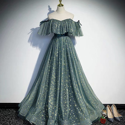 Cute tulle sequins long prom dress a line evening dress - Thumbnail 3