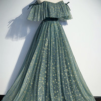 Cute tulle sequins long prom dress A line evening dress - Thumbnail 2