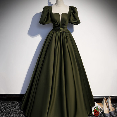 Green satin long prom dress a line evening gown