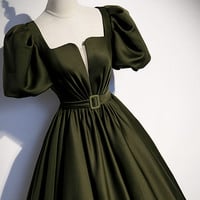 Green satin long prom dress A line evening gown - Thumbnail 1