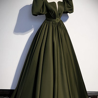 Green satin long prom dress A line evening gown - Thumbnail 2