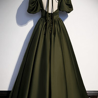 Green satin long prom dress A line evening gown - Thumbnail 3