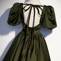 Green satin long prom dress A line evening gown - Thumbnail 4