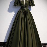 Green satin long prom dress A line evening gown - Thumbnail 5
