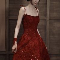 Burgundy seqins short prom dress homecoming dress - Thumbnail 1