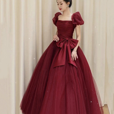 Burgundy tulle long ball gown dress formal dress - Thumbnail 1