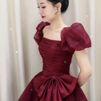 Burgundy tulle long ball gown dress formal dress - Thumbnail 1