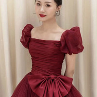 Burgundy tulle long ball gown dress formal dress - Thumbnail 2