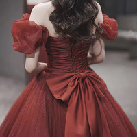 Burgundy tulle long ball gown dress formal dress - Thumbnail 3