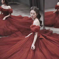 Burgundy tulle long ball gown dress formal dress - Thumbnail 4