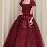 Burgundy tulle long ball gown dress formal dress - Thumbnail 5