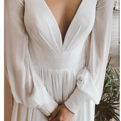 Chiffon wedding dress a-line long sleeve pleat women for v-neck gorgeous court train bridal gowns simple beach bridal gowns,1454 - Thumbnail 2