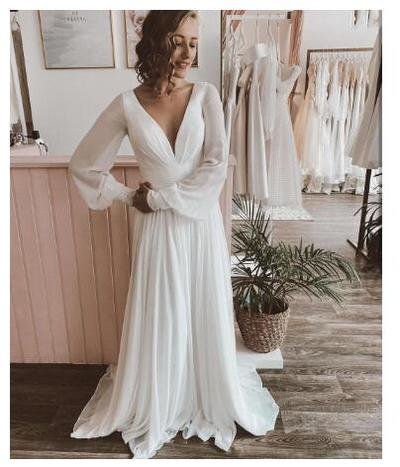 Chiffon Wedding Dress A-Line Long Sleeve Pleat Women For V-Neck Gorgeous Court Train Bridal Gowns Simple Beach Bridal Gowns,1454