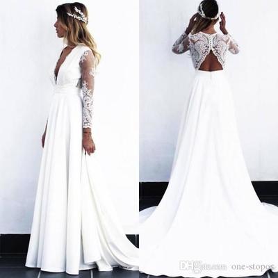 New Lace Wedding Dresses A Line Long Sleeve Boho Bridal gown Beach V Neck Plus Size Wedding Gow Custom Made,1455